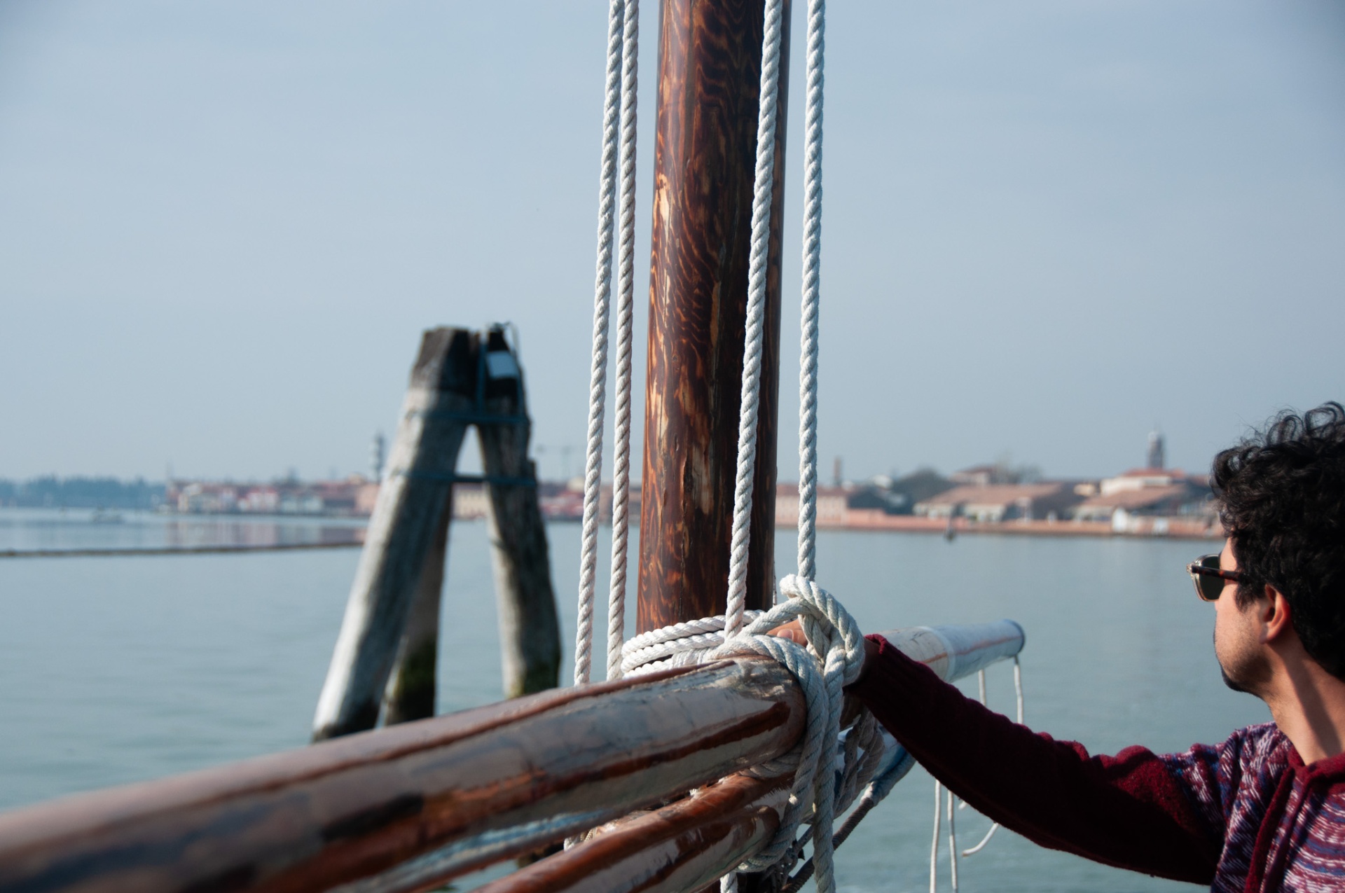 Detail of traditional Venetian Bragosso boat — wood and rope